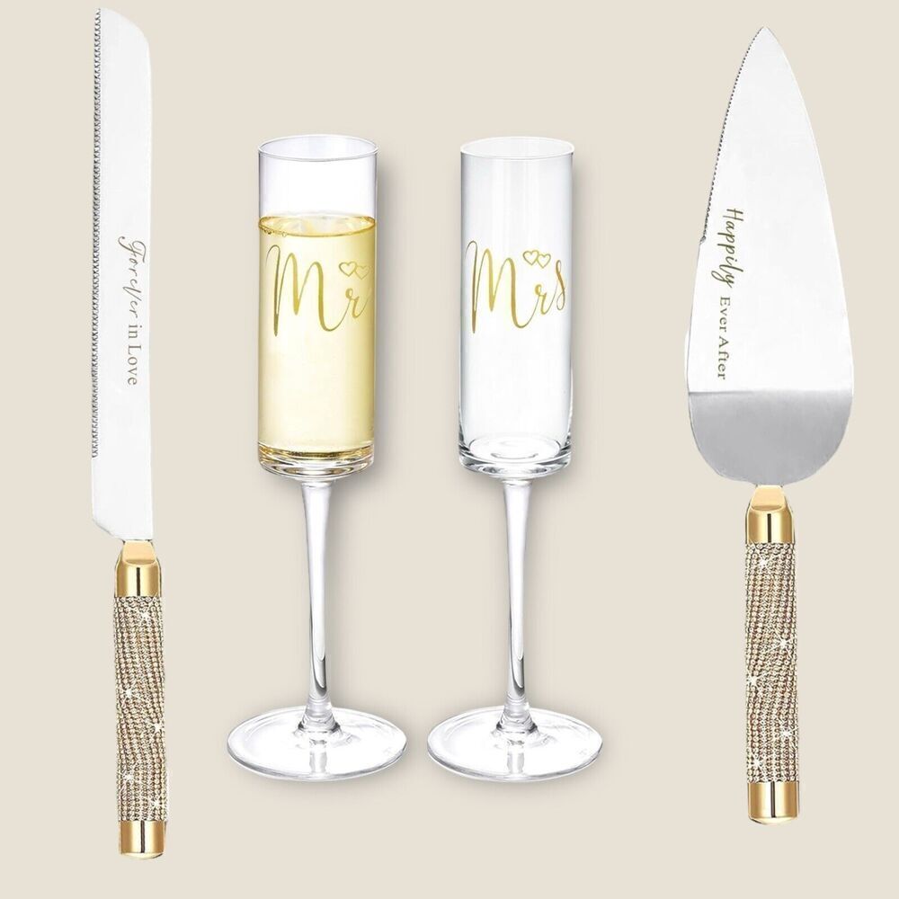 Wedding Cake Knife and Server Set and Champagne Flutes Gold Jeweled Handles